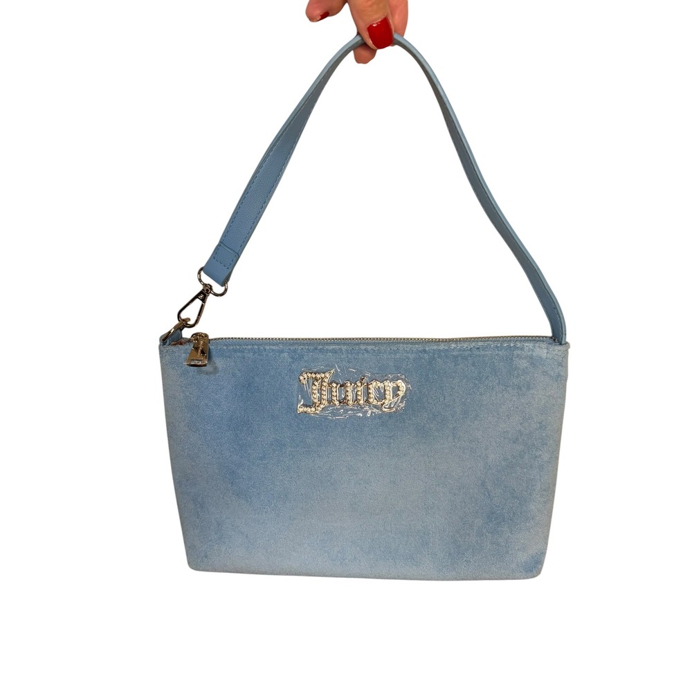 NWOT Juicy Couture‎ Light Blue Velour Baguette Bag Rhinestone Logo Women's OS